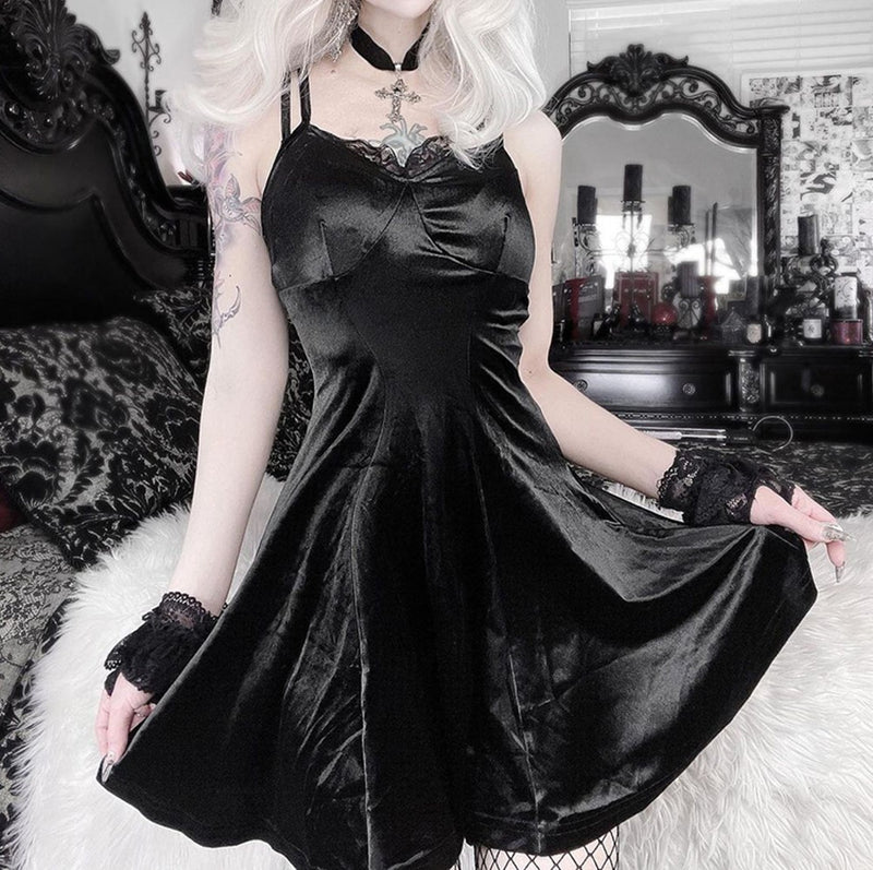 Goth Aesthetic Vintage Lace Trimmed Black Velvet Mini Dress