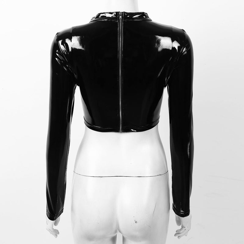 Wet Look Long Sleeved Hollowed Out Faux Leather with Buckles Black Clubwear Tee
