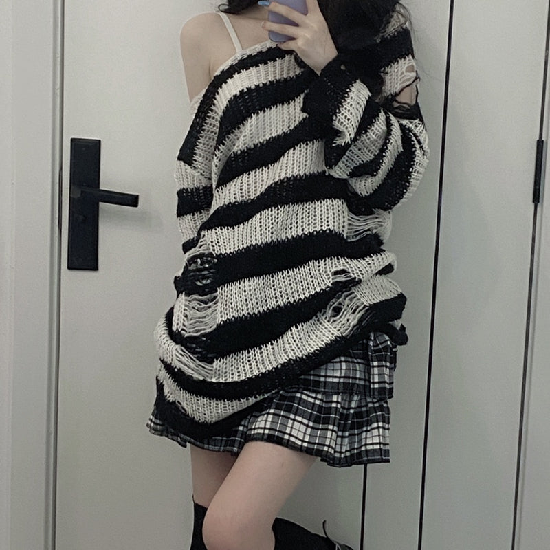 Gothic Striped Long Distressed Sweater