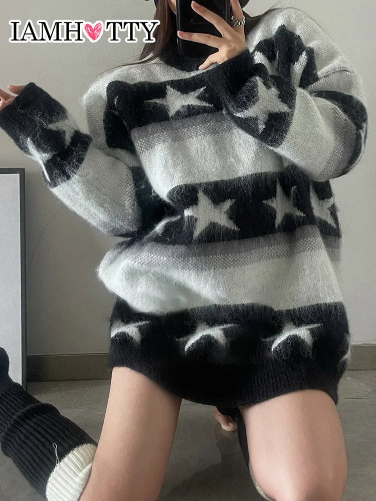 Y2k Arctic Fleece Mohair Star Striped Print Oversized Sweater