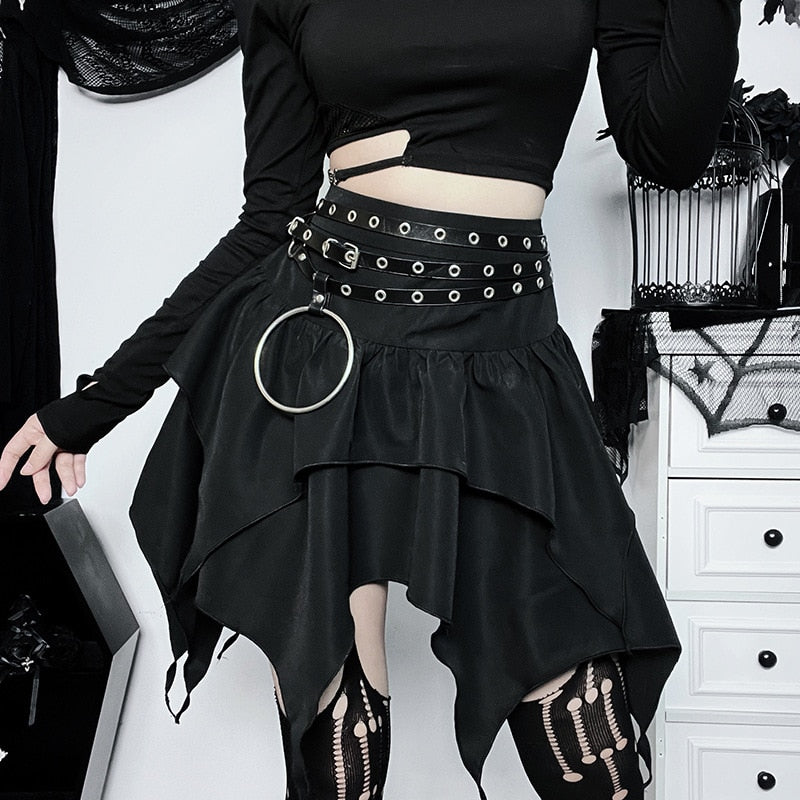 Yangelo Punk Black Irregular Fairy Grunge Skirt Women Gothic Sexy E-Girl Fluffy Skirts Y2K Clothes