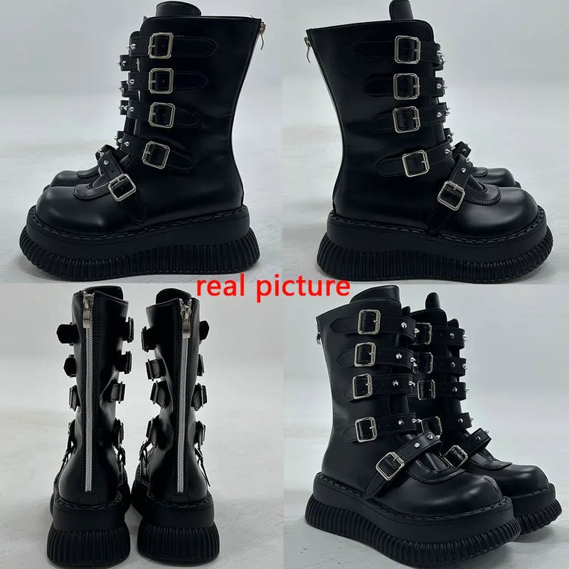 Y2k Goth Aesthetic Chunky Buckled Mid Calf Platform Boots