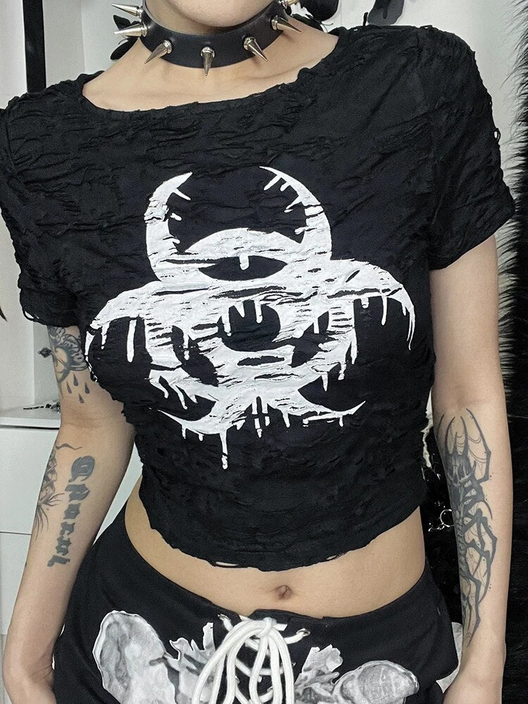 Y2k Hellfire Distressed Gothic Cropped Tee