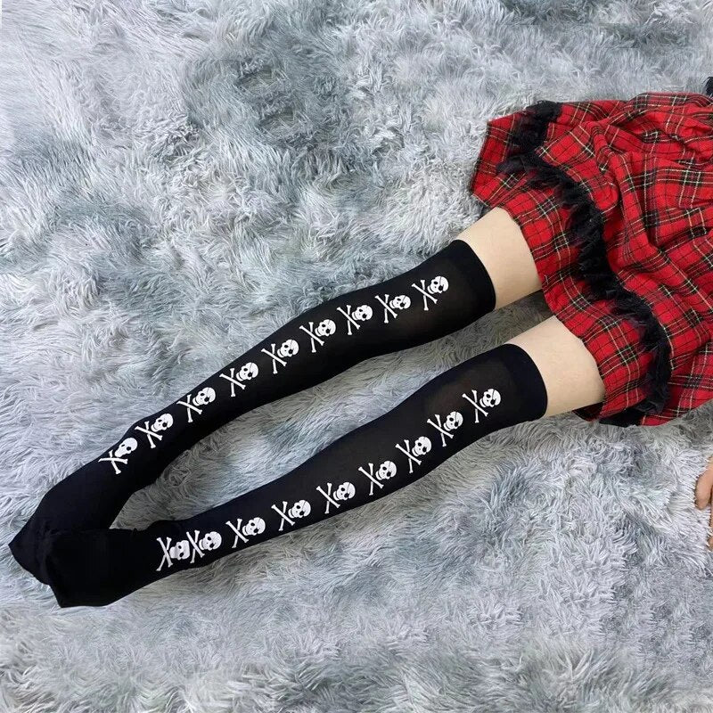 JK Girls Bone Bow Halloween Socks Streetwear JK Skull Socks Girls Cute Pink Lolita Knee Socks Long Thigh High Lolita Stockings