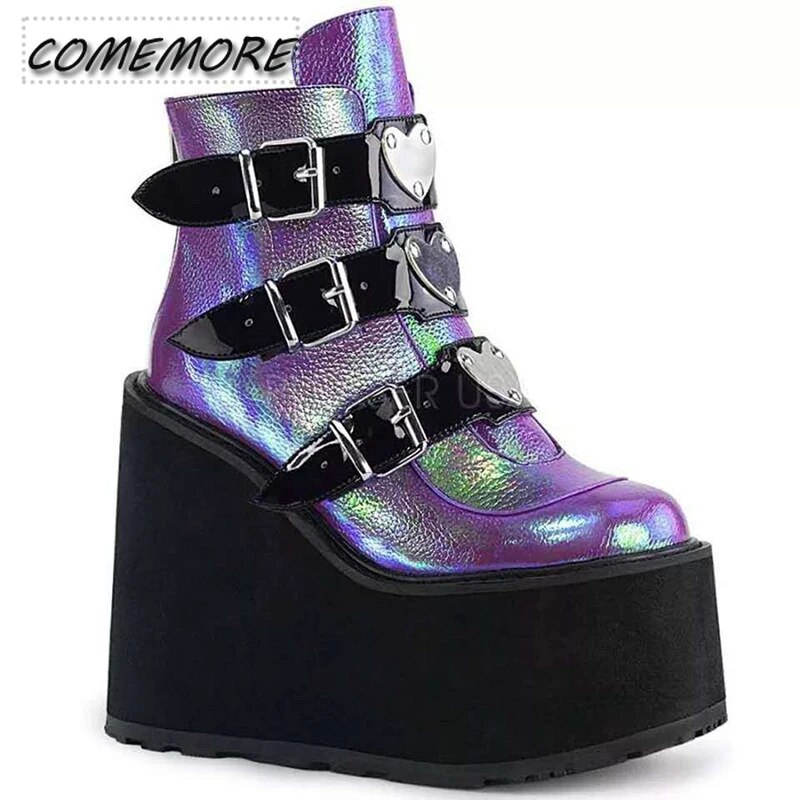 Women Ankle Boots Platform Wedge Super High Heel Gothic Metal Heart Female Pumps Autumn Ladies Belt Round Toe Lolita Punk Shoe