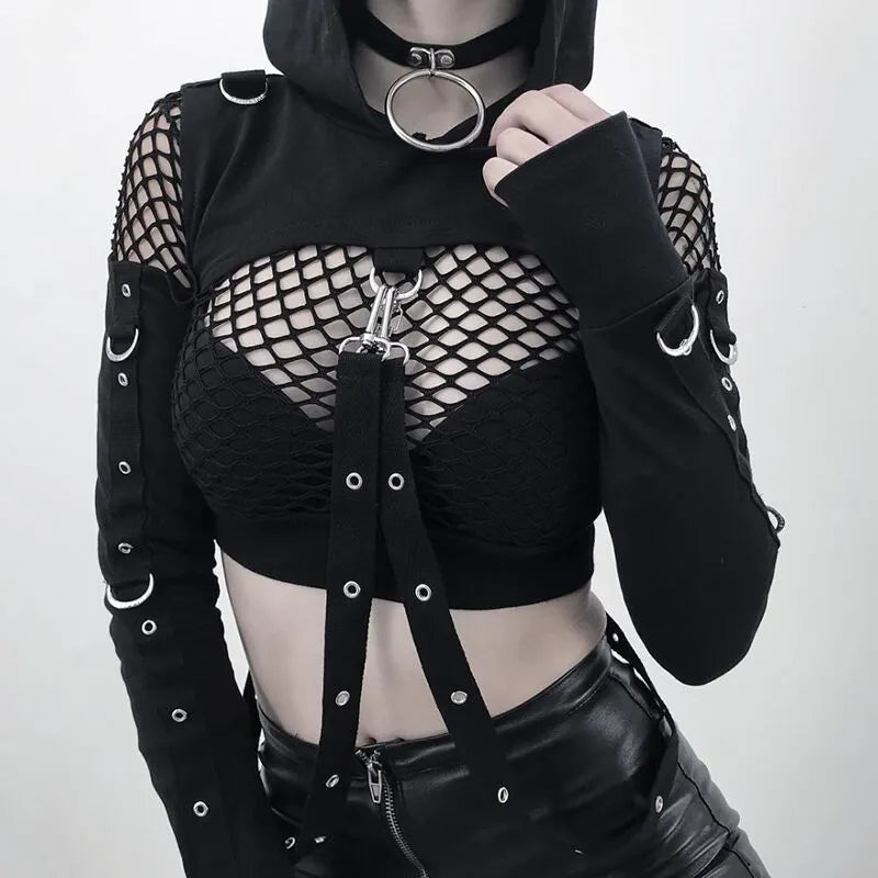 Gothic Cropped Hollowed Out Patchwork Hoodie