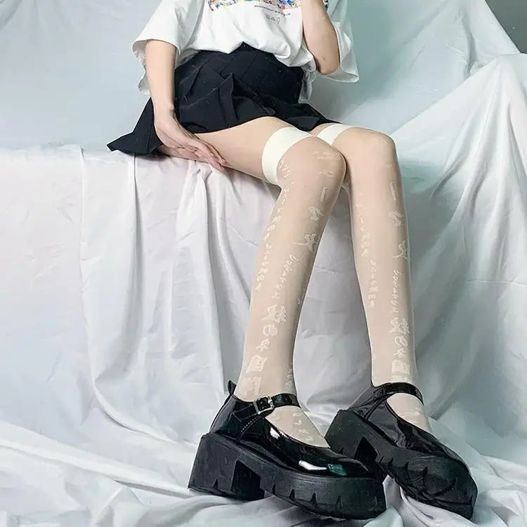 JK Girls Bone Bow Halloween Socks Streetwear JK Skull Socks Girls Cute Pink Lolita Knee Socks Long Thigh High Lolita Stockings