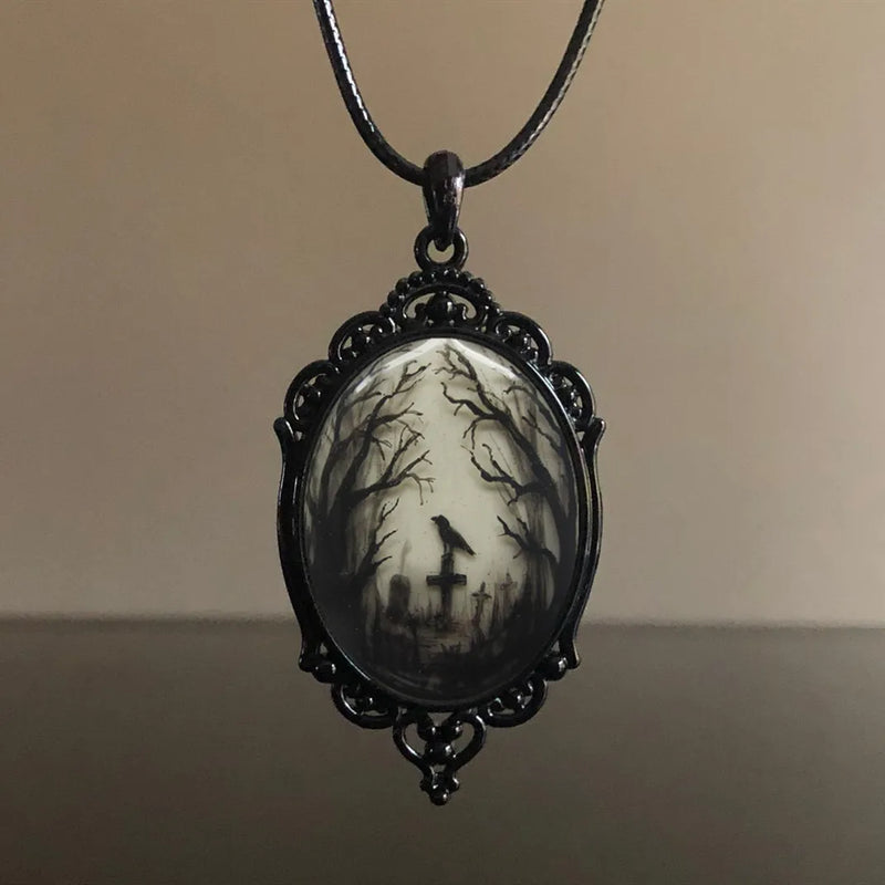 Vintage Gothic Raven on Cross Necklace Pendant