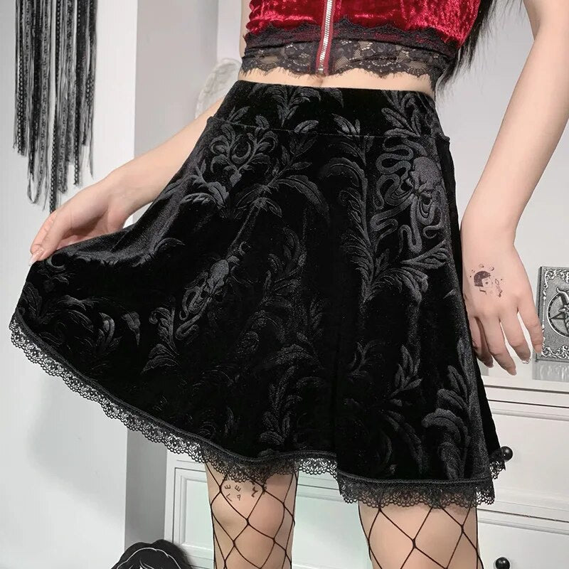 Y2K Goth Aesthetic High Waisted Floral Lace Mini Skirt