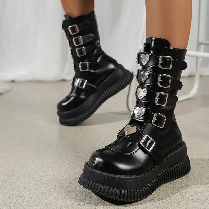 Y2k Goth Aesthetic Chunky Buckled Mid Calf Platform Boots