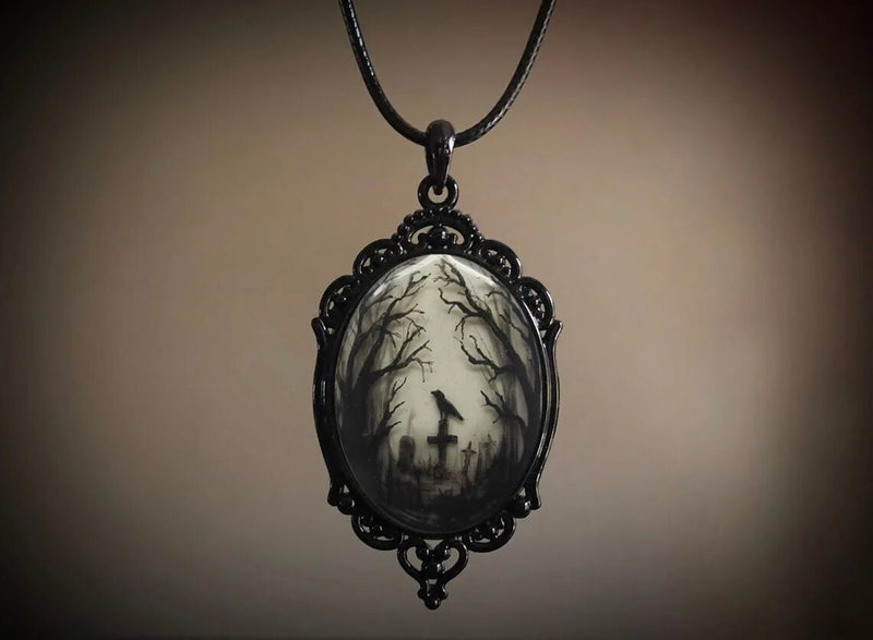 Vintage Gothic Raven on Cross Necklace Pendant