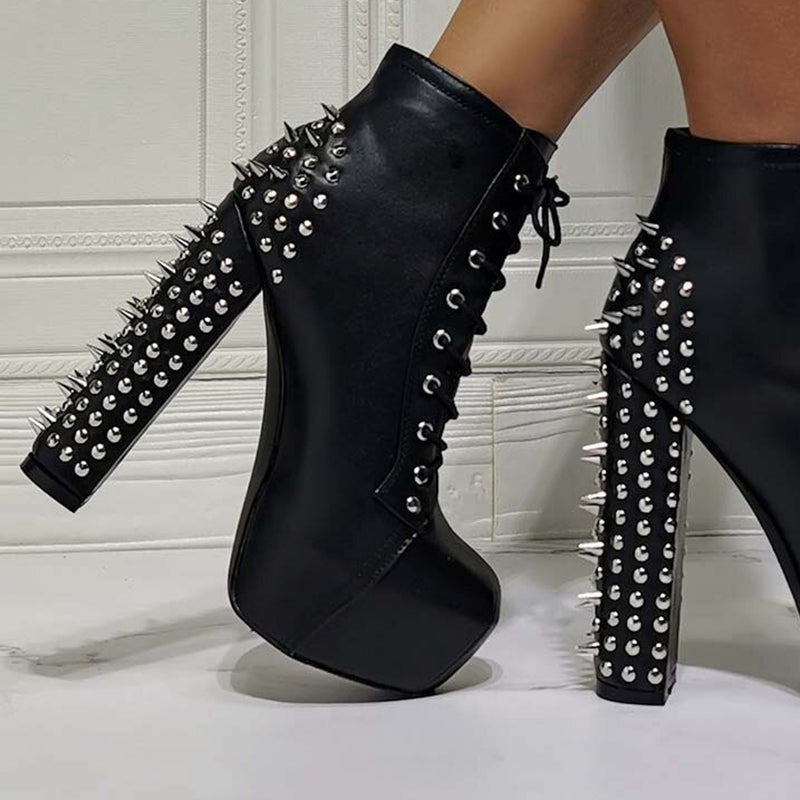 Super High Heels Rivetted Lace up Ankle Boots
